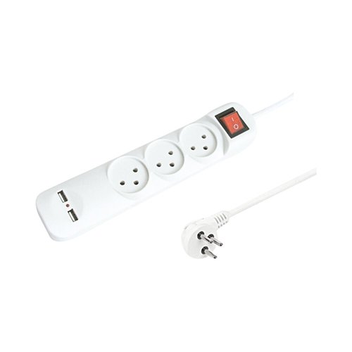 רב שקע לבן 3 שקעים + מפסק + 2X USB3.1A + כבל כ-1 מטר