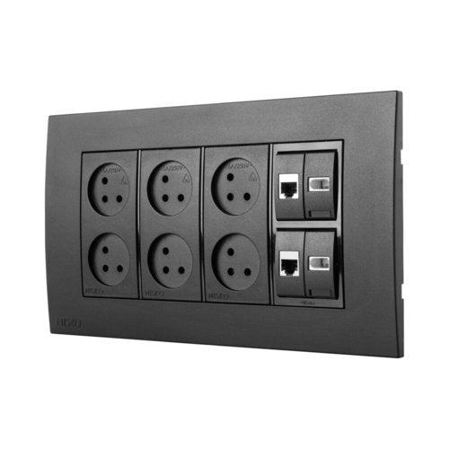 עמדת HOME & OFFICE תחת הטיח שחור מט 8 מודול, 6 שקעים ומתאם ניסקו סוויץ'
